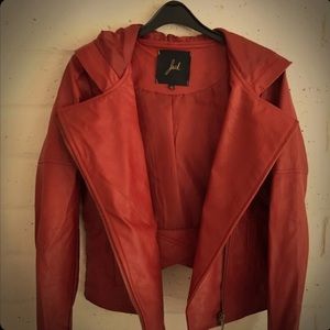 BB Dakota faux leather biker jacket w/ hood in red